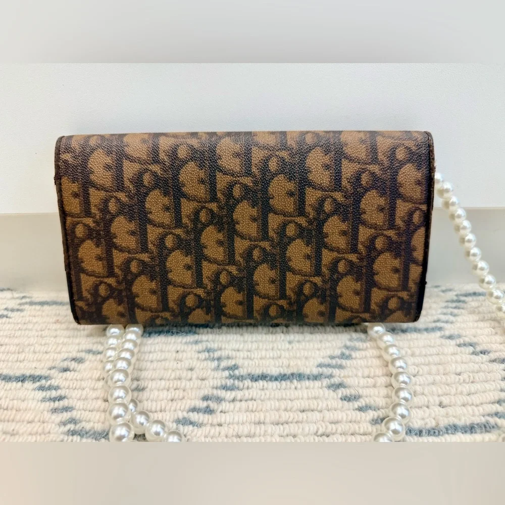 DIOR Vintage Y2K Romantique Brown Diorissimo Ribbon Canvas Leather W/ Crossbody